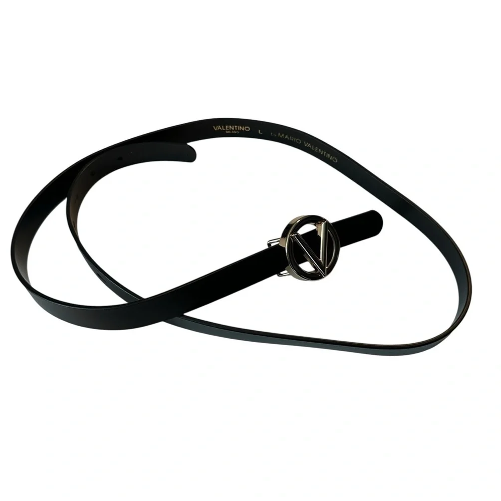 Mario Valentino Black Leather Baby Belt with Gold Tone Buckle Large